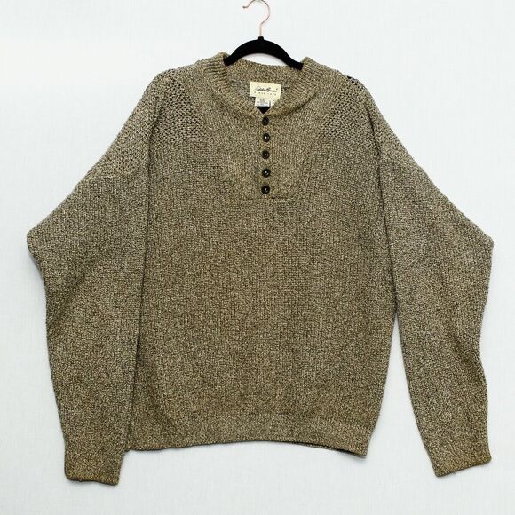 Vintage Eddie Bauer Sweater Mens L Brown Chunky Knit Henley FLAW - Picture 1 of 8